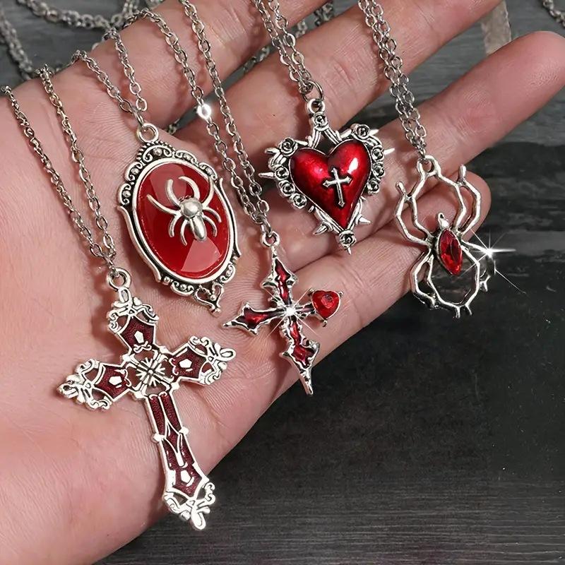

Набор готических ожерелий из 5 штук для женщин, украшения на Хэллоуин, кулон в виде сердца, летучей мыши, паука, креста, цепочка для свитера, модные повседневные аксессуары, подарок A5