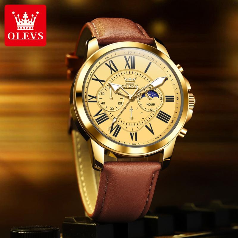 Men's Sports Timing Waterproof Luminous Moon Phase Quartz Watch Three Eye Dial Holiday Gift Business Watch