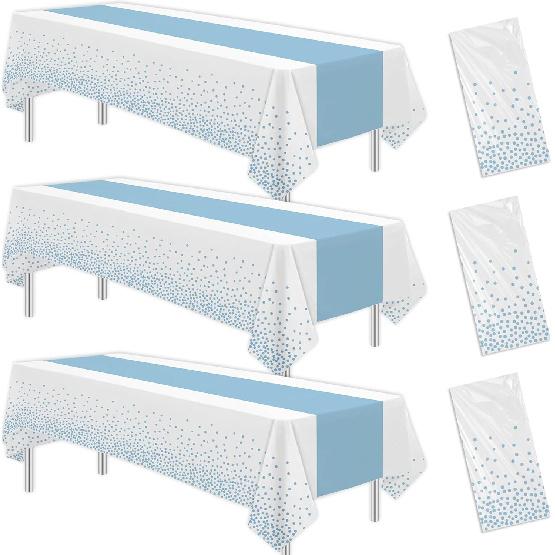 White and Silver Party Decorations Tablecloth, 3 Pack Disposable White Table Cover Printed Silver Table Runner for Birthday Baby Bridal Shower