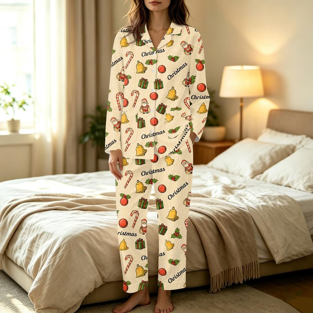 Women's Christmas Print Set, Long Sleeve Top and Long Pants Casual Fashion