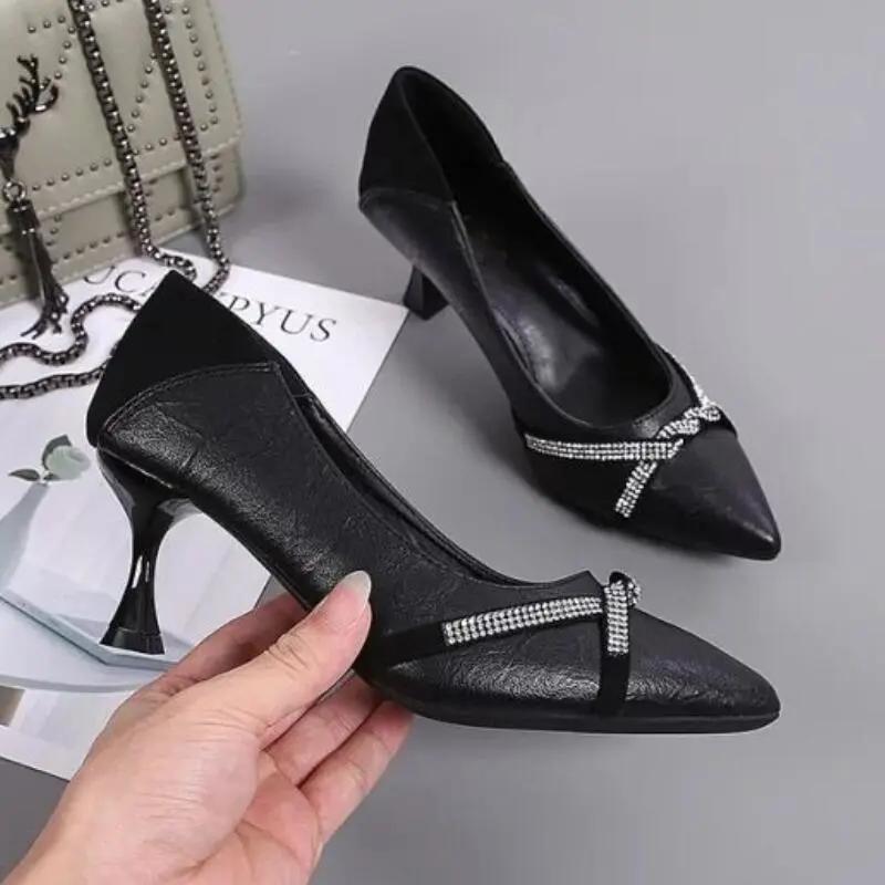 sapatos femininas women fashion black soft leather spring slip on crystal stiletto heel shoes & pumps zapatos de mujer ga689