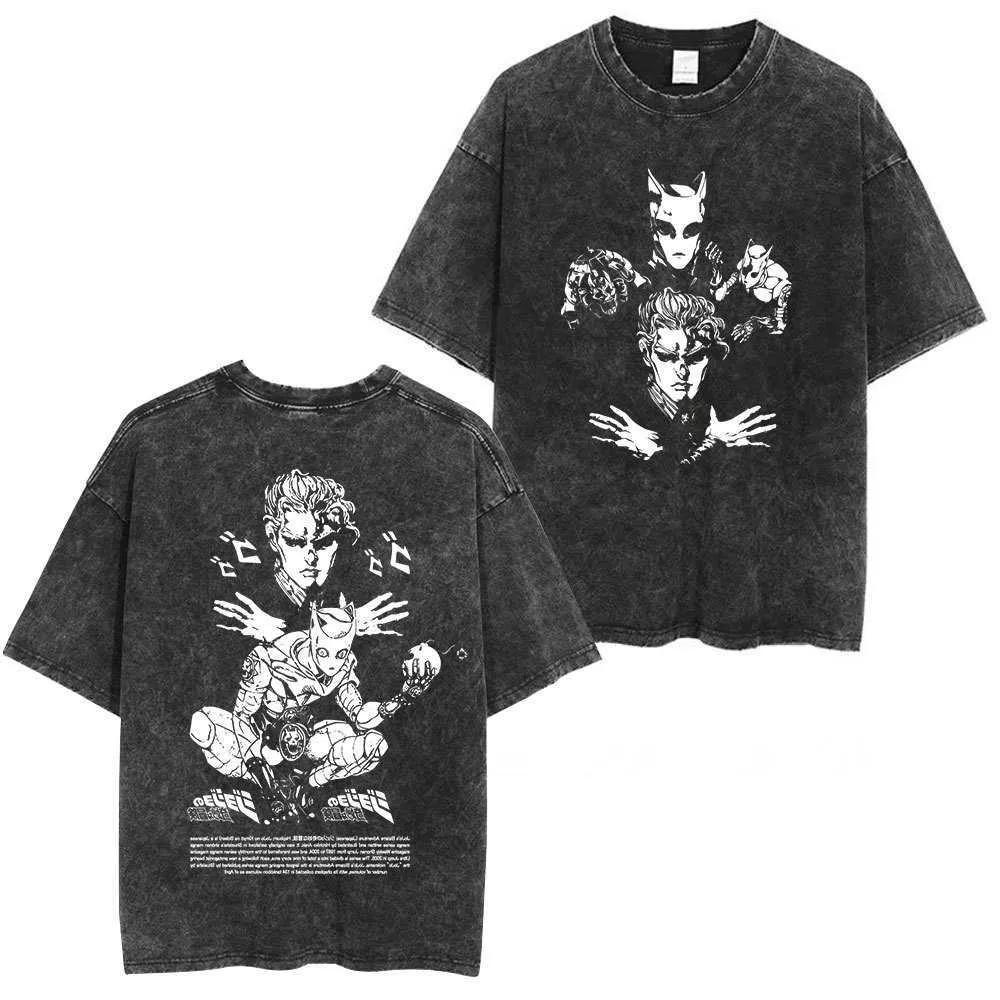 Аниме JoJo s Bizarre Adventure Кира Йошикаге Killer Queen Винтажные кислотные футболки Мужские Женские Повседневные с коротким рукавом Футболки L260527 S разноцветный