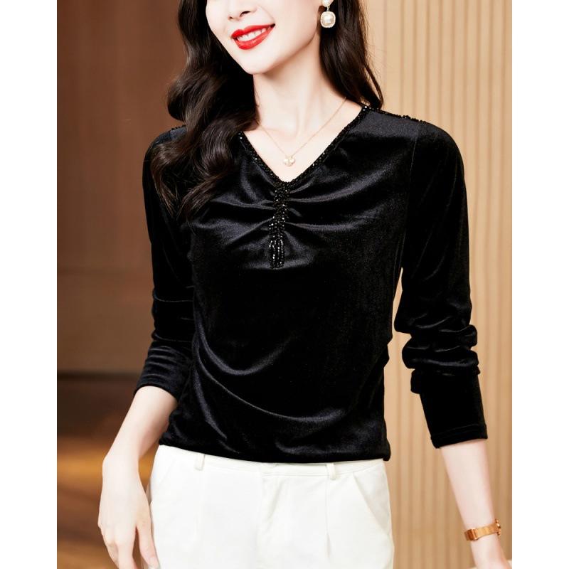 Dámské korálkové tričko s véčkovým výstřihem a dlouhým rukávem z veluru, dámské podzimní plyšové spodní tričko, nový módní top