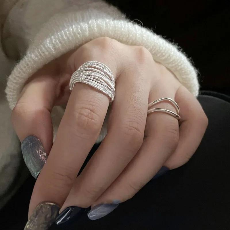 Personality Design Trendy Silver Color Multi-line Ring for Women Girl Charm Opening Irregularity Finger Ring Set Party Jewelry