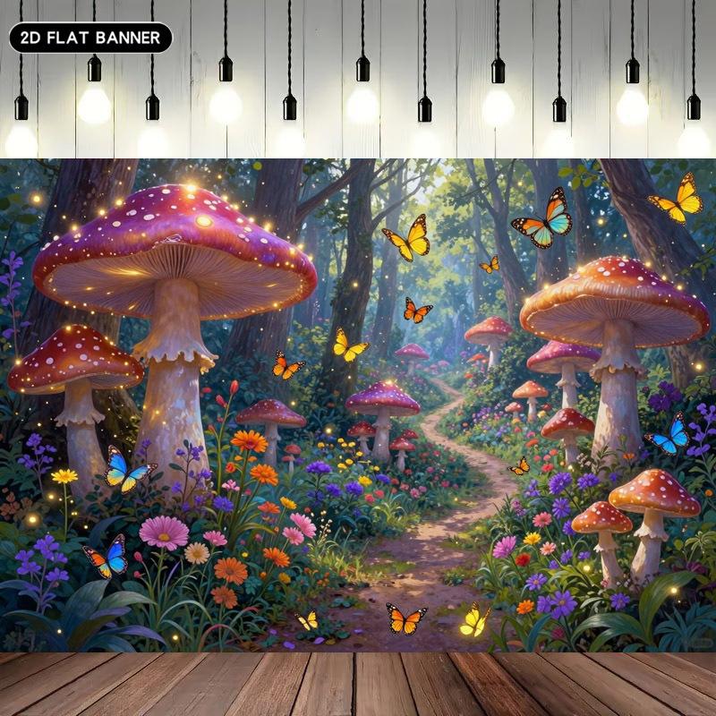 2D flat 1pc dreamy mushroom forest background fabric fantasy forest scenezyc