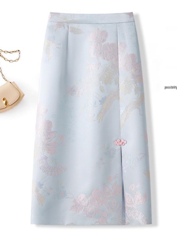2026 New Chinese Style Embroidered Slit Midi Skirt for Women - Slimming, Hip-Hugging, Ideal for Spring and Autumn