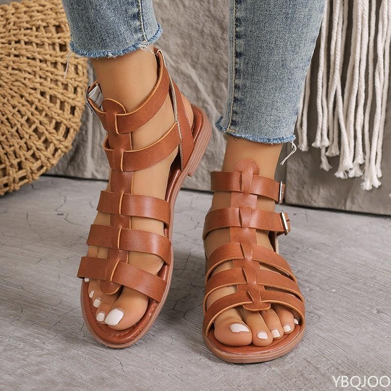 Fashion Large Roman Sandals New Flat Bottom Non Slip Hollow Wear Resistant Beach Style Sandals Solid Color Platform Zapatos De Mujer