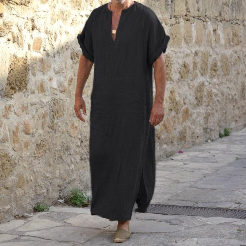 Herren Plus Size Vintage Muslim Robe V-Ausschnitt Casual Loose Langarm Kleid
