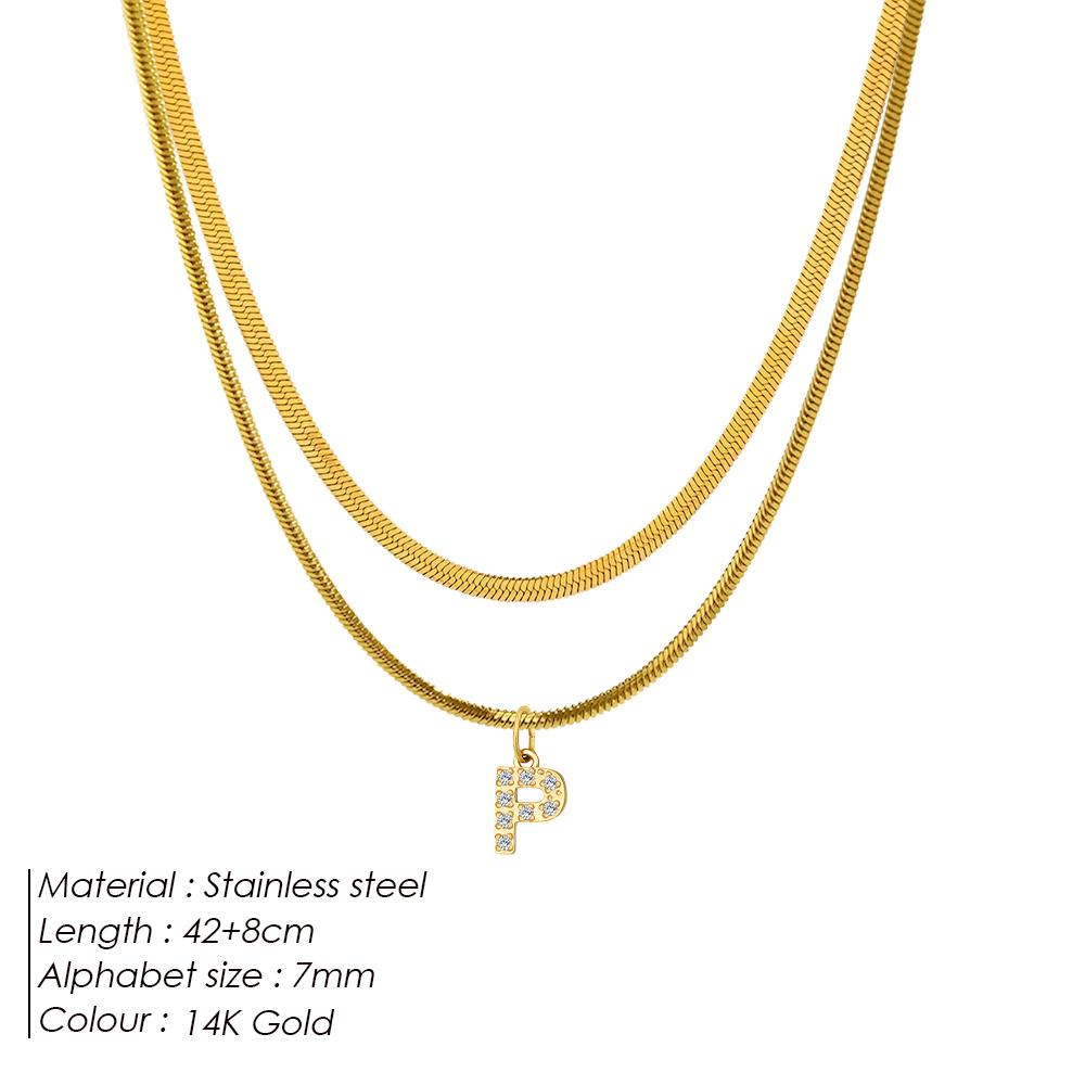 

eManco Gold Plated Herringbone Snake Chain Double Zirconia Letter Pendant Necklace Stainless Steel Jewelry 48 Hour Shipping Gold Color&42 Extend 8CM