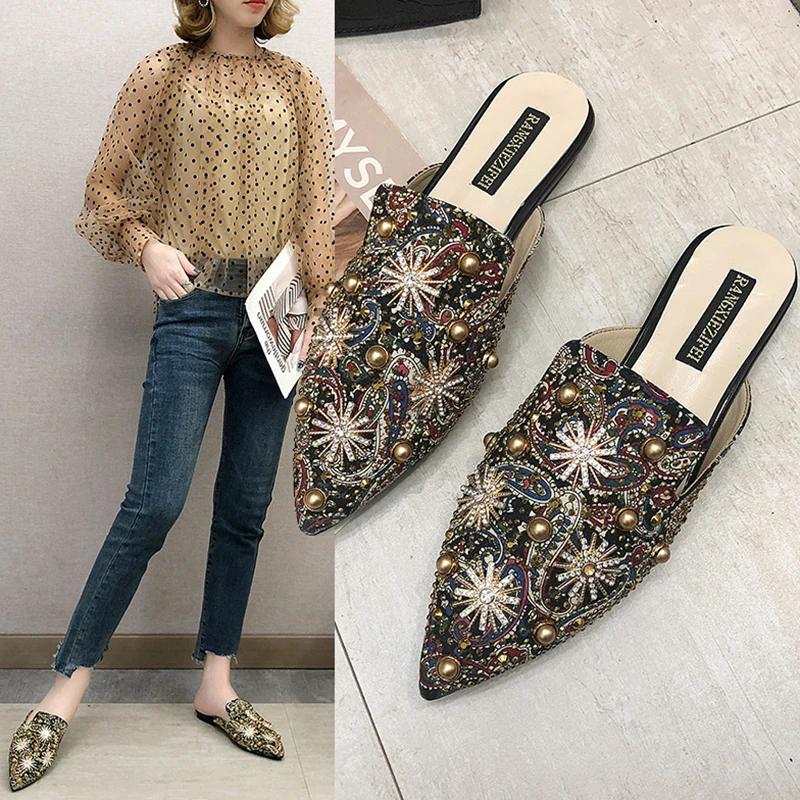 Luxury Women Mules Ladies Summer Chinese Slippers Women Shoes 2025 New Low Heels Flat Casual Shoes Woman Flip Flops
