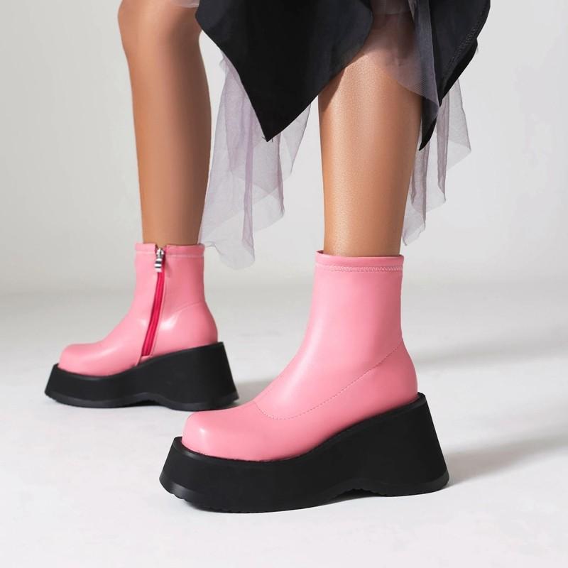 Bottines compensées à plateforme style punk gothique pour femmes, bout rond, talons hauts, courtes, fermeture éclair latérale, pointure 42