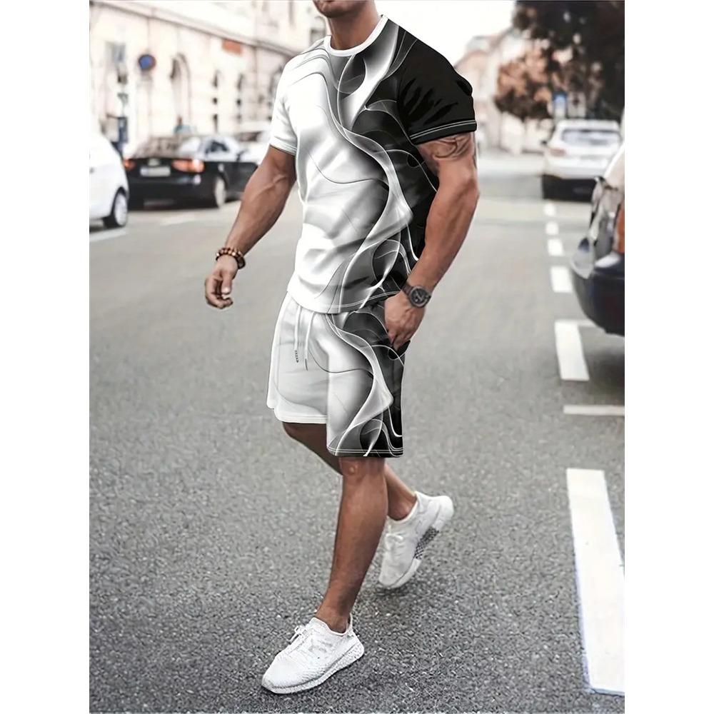 New Gradient Texture T-Shirt Men's Two-Piece Summer New Shorts Suit Fashion 3D Printing Street Casual Sportswear Men's Models