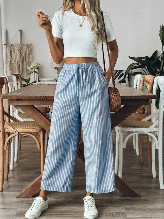 Women s Striped Cropped Loose Wide-Leg Casual Pants Medium