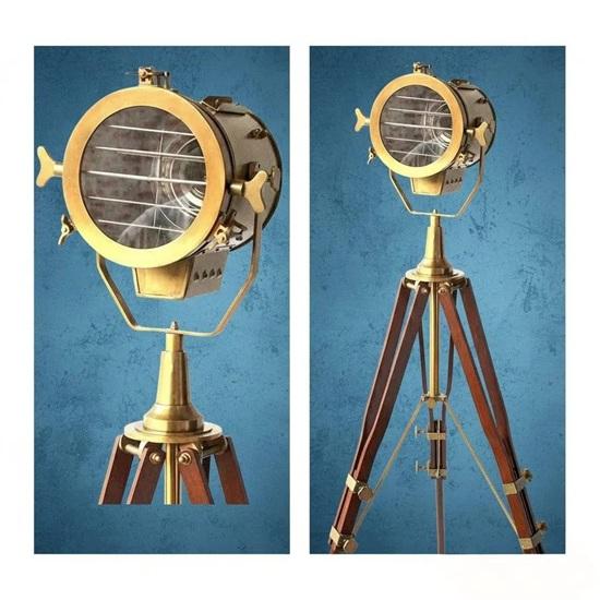 Brass Old Century Style Tripod Floor Lamp Nautical Spotlight, Adjustable Height Brown Rustic Searchlight Home Decor