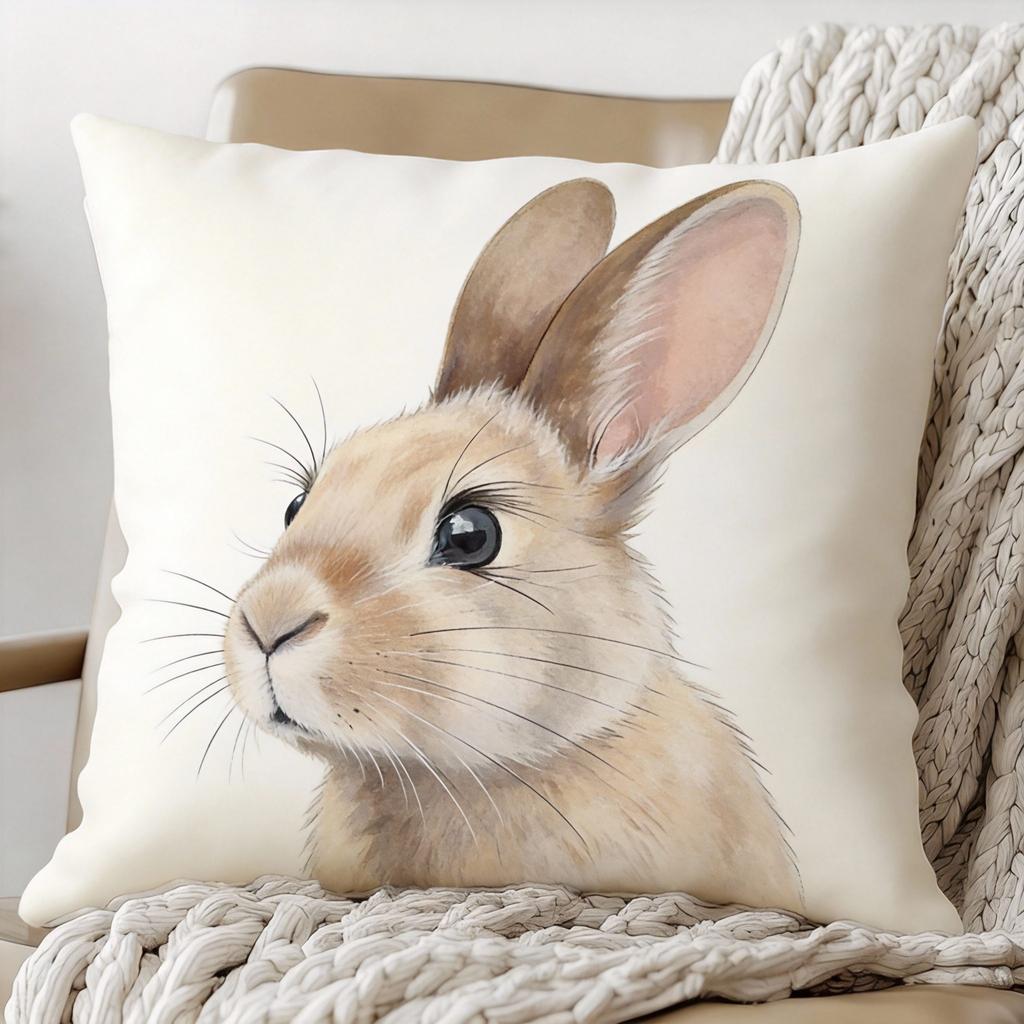 Realistic Rabbit Face Pillow Cover Soft Decorative Cushion Case with Zipper Machine Washable for Living Room Bedroom Sofa