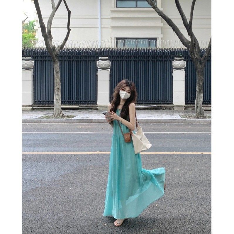 French Hollow Suspender Dress Women's Summer Seaside Vacation Wind Beach Skirt Pleated Lazy Relaxation Long Skirt