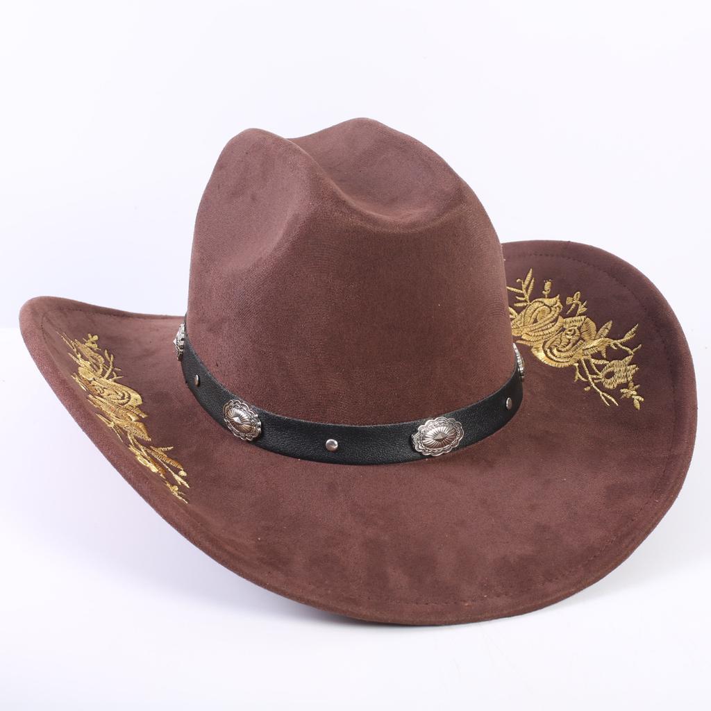 Beliebter europäischer und amerikanischer klassischer Wildleder Western Cowboyhut für Herren und Damen, großer Schirm, bestickt, Outdoor-Sonnenhut