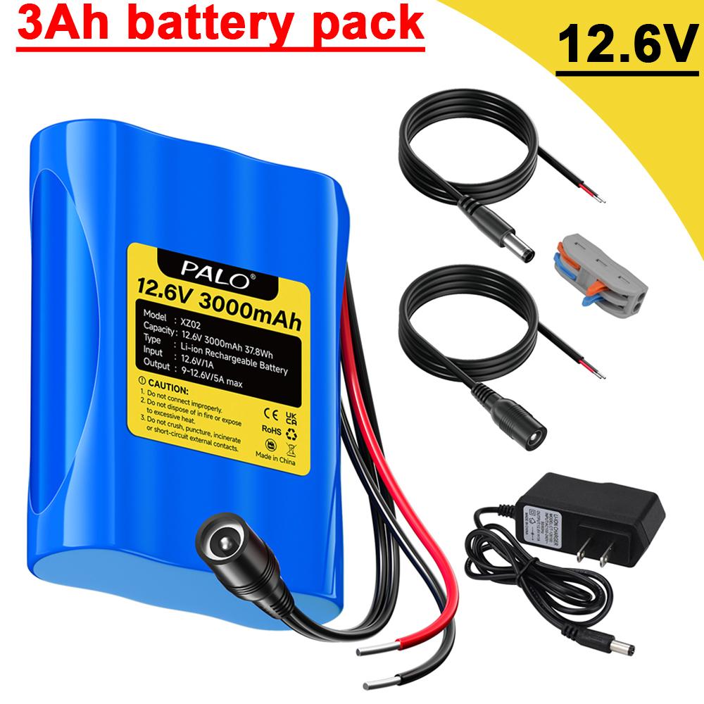 PALO Original 12.6V Battery 12V/12.6V Rechargeable Li-Ion Battery Pack 3Ah 12Vportable Battery for Devices RC Car Boat DIY Robot