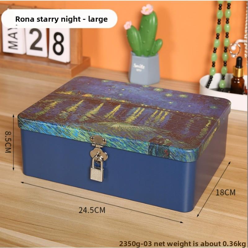 Retro Tinplate Box with Lock Key, Desktop Storage Box, Cosmetics, ID Storage, Household Jewelry Empty Box.