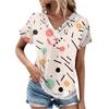 Modă de Primăvară și Vară pentru Femei Tricou Retro Imprimat Top cu Mânecă Scurtă cu Guler în V cu Nasturi Plisați