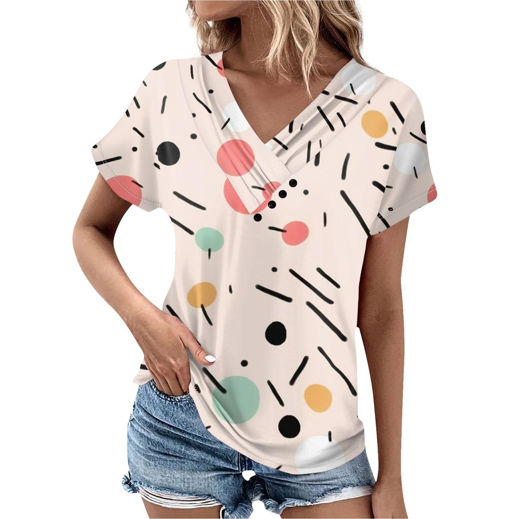 Modă de Primăvară și Vară pentru Femei Tricou Retro Imprimat Top cu Mânecă Scurtă cu Guler în V cu Nasturi Plisați