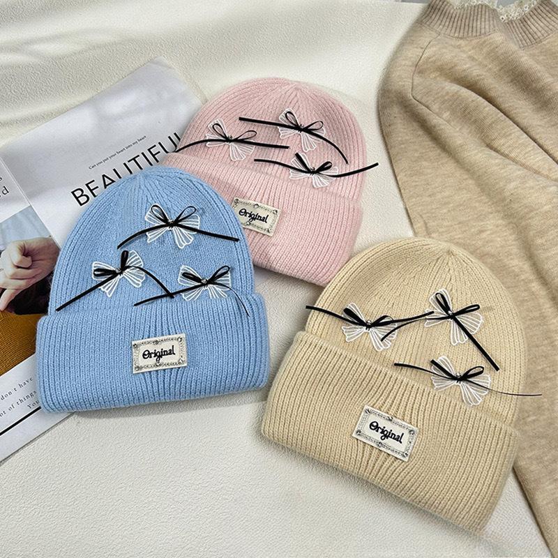 Japanese Sweet Bow Wool Hat for Women In Winter Versatile Big Head Circumference Warmth Thickened Soft and Glutinous Knitted Hat