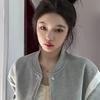 Womens Oversized Baseball Jacket Winter French Chic Cropped Fleece Lined Coat With Colorblock Design