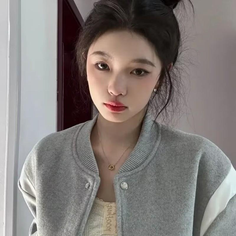 Womens Oversized Baseball Jacket Winter French Chic Cropped Fleece Lined Coat With Colorblock Design