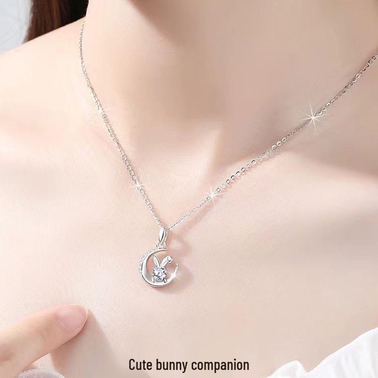 S925 Sterling Silver Moissanite Moonlight Jade Rabbit Necklace - Sweet Clavicle Chain Qixi Gift for Women