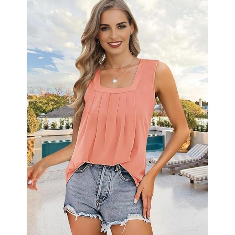 Women Summer Loose Flowing Sleeveless Vest Top with Pleated Square Neck and Curved Hem
