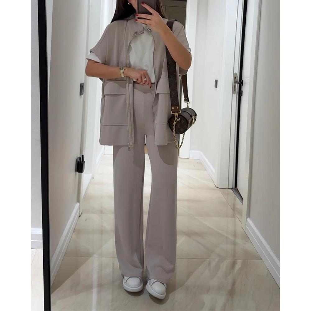 New Women's Autumn and Summer Solid-color Casual Loose Pocket Sweatshirt Straight-leg Pants Set