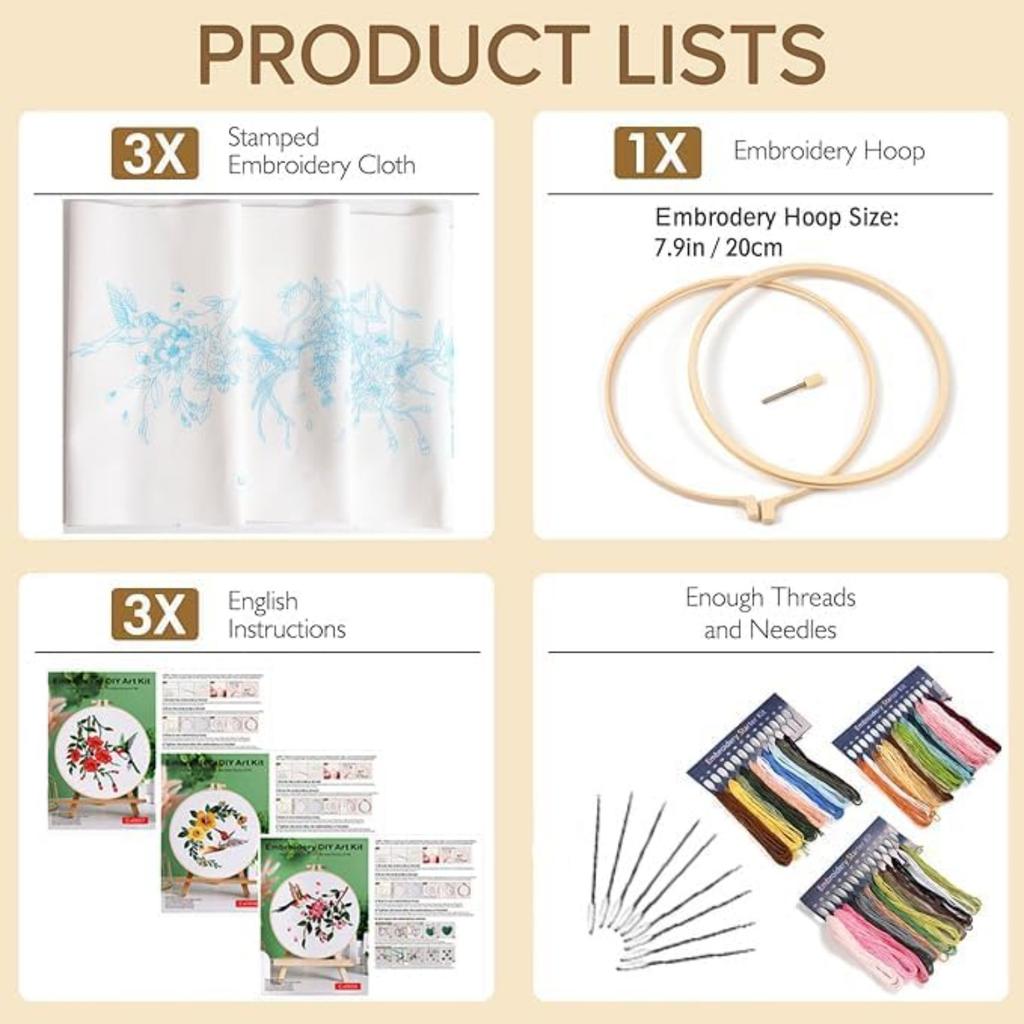 3 Sets Embroidery Kit for Beginners, Art Craft Handy Sewing Set Hummingbird and Flower Cross Stitch Starter Kits, DIY Embroidery Kits with Patterns