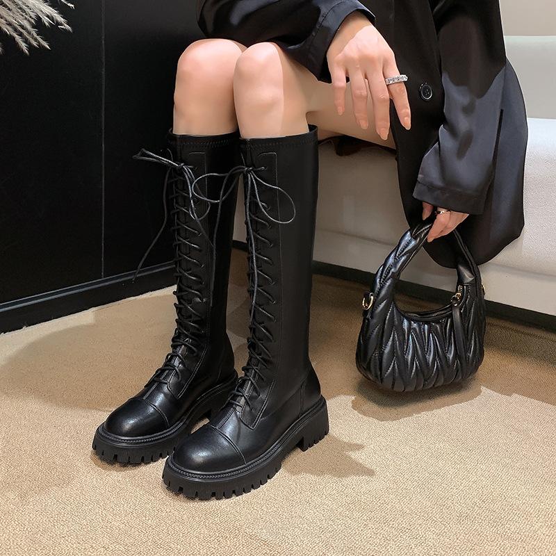 Leather platform-soled Martin boots lace-up knight boots British style heightening boots lace-up round head platform women's boots