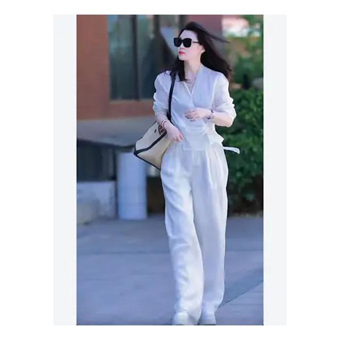 Women's 2025 Summer Fashion: Literary V-Neck Shirt & High-Waisted Wide-Leg Pants Set