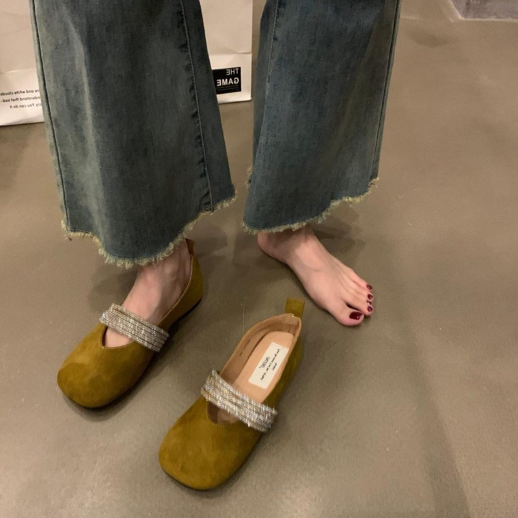 French gentle and versatile flat Mary Jane shoes 2025 new spring and autumn rhinestones with ballet style square head shallow mouth single shoes