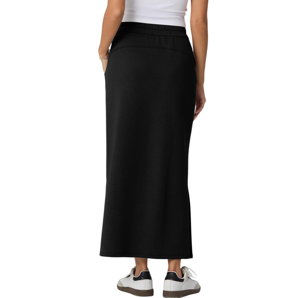 Womens Casual Maxi Skirts  High Waist Trendy Drawstring Side Slit Skirts With Pockets