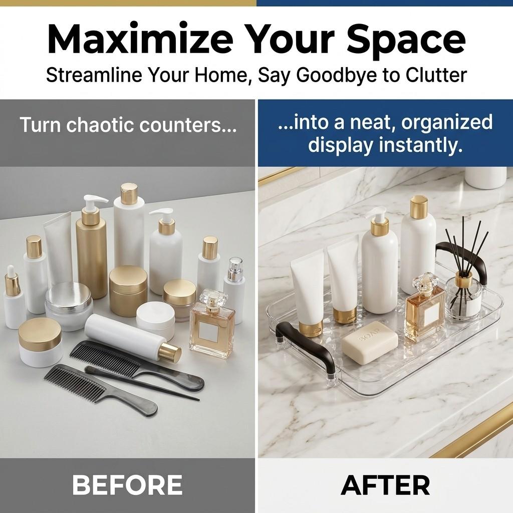 Clear Plastic PET Vanity Tray Bathroom Counter Organizer with Handles Desktop Makeup Cosmetics Skincare Perfume Storage Box