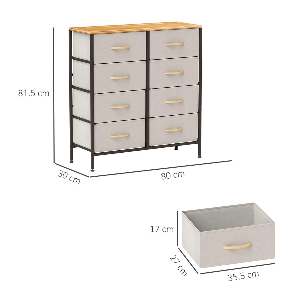Fabric Chest of Drawers, Industrial Bedroom Dresser with 8 Fabric Drawers, Steel Frame and Wooden Top for Nursery, Living Room, Hallway, Cream White