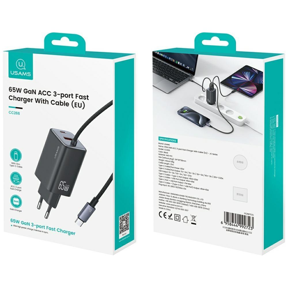 USAMS 65W Wall Charger For Iphone 12 13 14 15 2Xusb-C Fast Charging