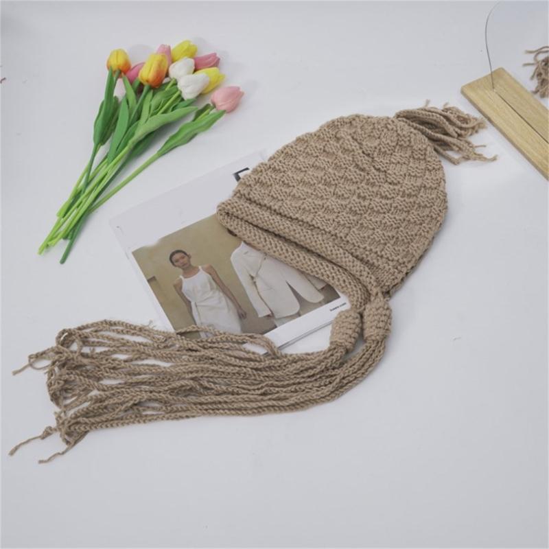 Handmade Fringed Braids Hat Y2K Sweet Girl Warm Beanie Hat InsStyle Bonnet Winter Autumn Skull Hat Pullover Earflap Hat