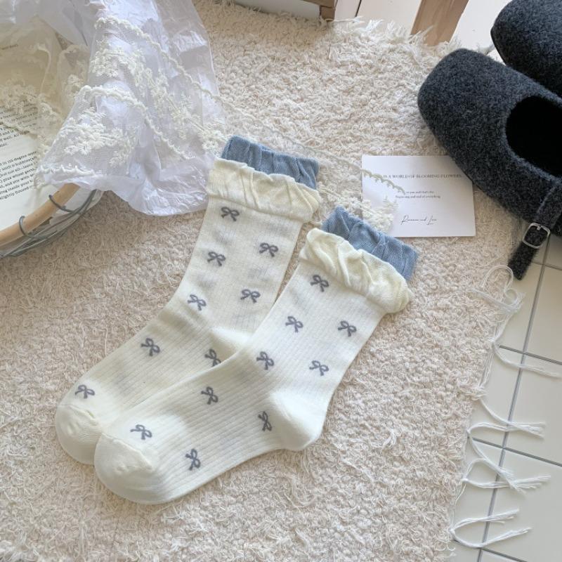 Autumn Polka Dot Bow Mid-calf Socks for Women, Sweet Bubble Mouth Lace Pile Cotton Socks