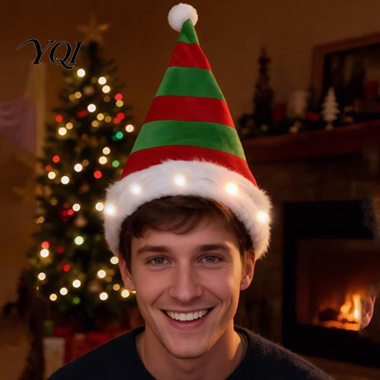 Christmas Hat with Lights Light Up Tree Hat, Striped Plush LED Party Eye Catching Stage Performance Fur Trim, Holiday Cosplay Costume Accessory