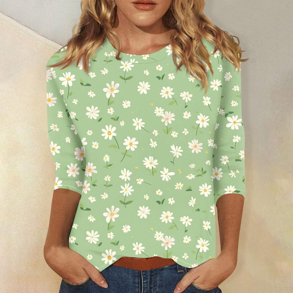 Women's Casual Loose Printed Round Neck Top With Three Quarter Sleeves T Shirt Top