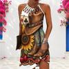 Women Plus Size Halter Criss Cross Cutout Sleeveless Horse Floral Printed Fitted Curved Hem Dress