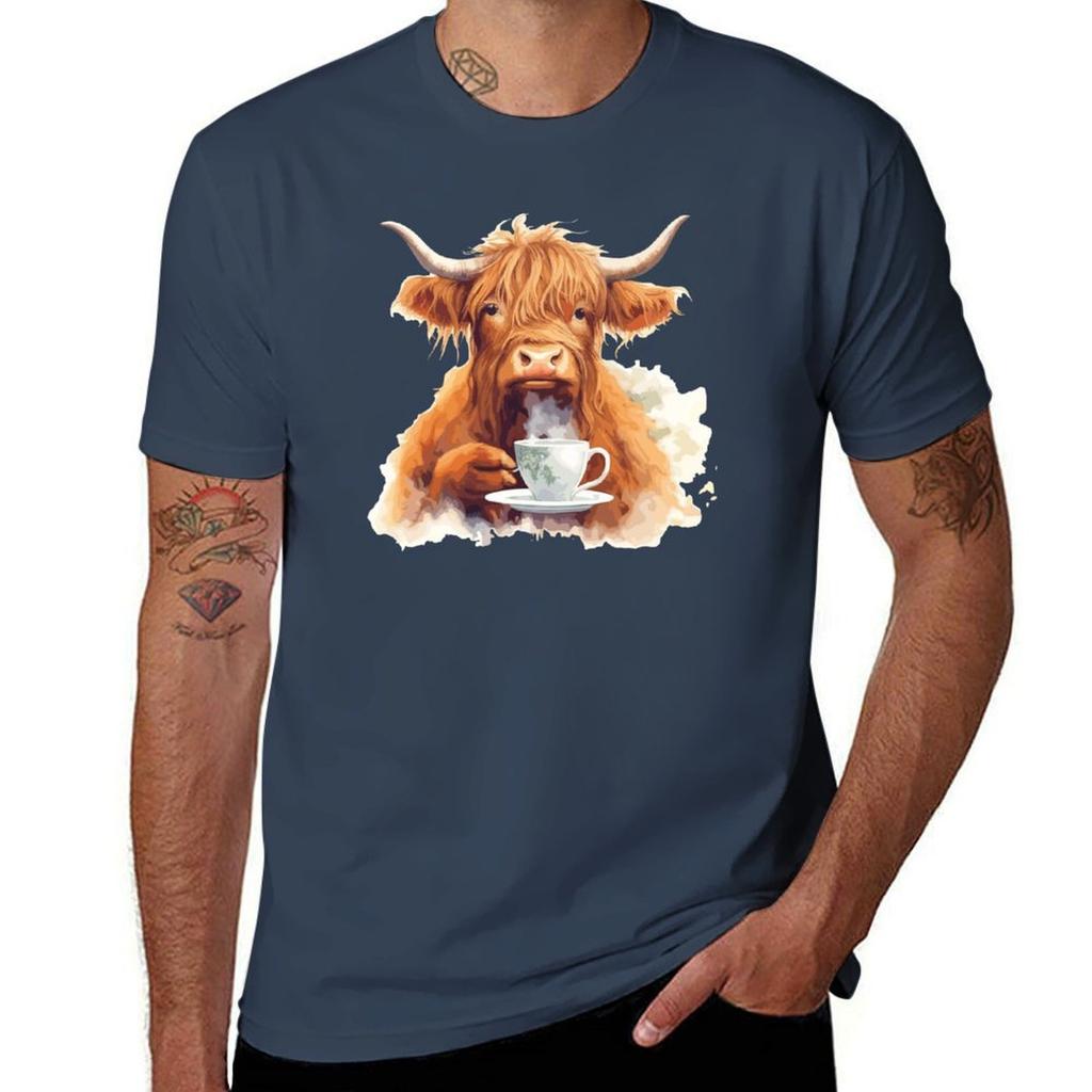 Highland cow drinking English tea TShirt Essential Solid Color TShirt