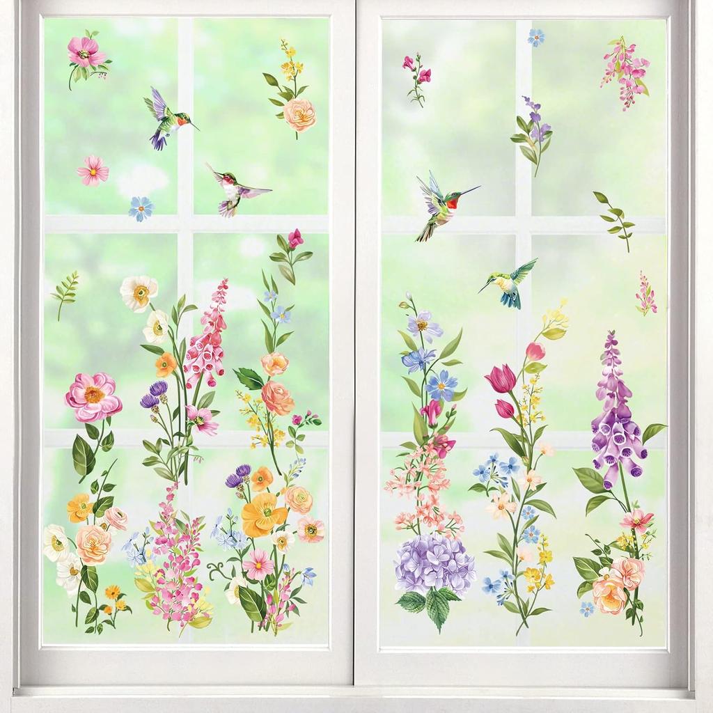 Wondever Summer Flower Window Clings Iris Floral Bird Glass Sticker Decal Anti Collision Double-Side Static Window Decals for Home Glass
