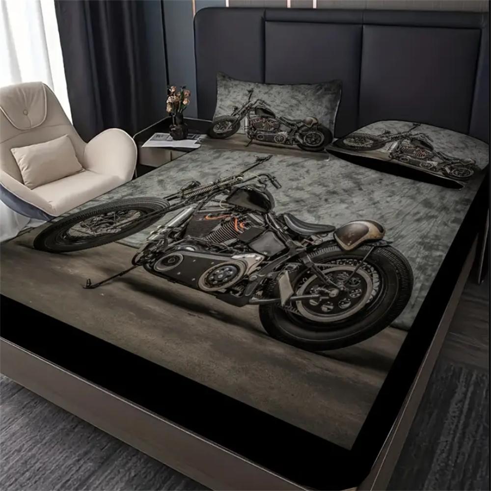2/3pcs Vintage Black Motorcycle Fitted Sheet Set - Soft, Breathable, Retro Mattress Covers with Deep Pocket - Perfect