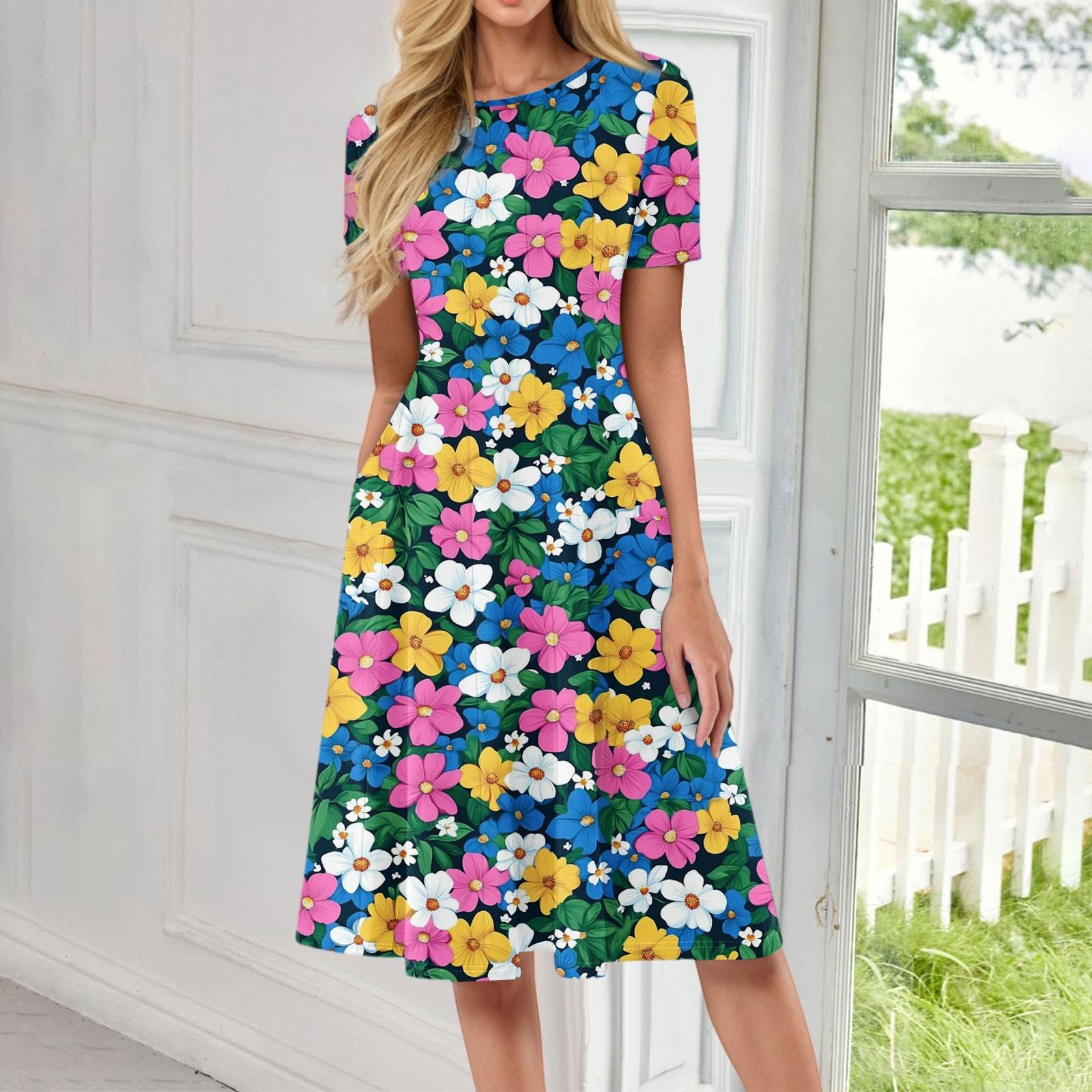 

Женский повседневный сарафан, летнее пляжное платье в стиле бохо, цветочные блузки для женщин, свободные платья с круглым вырезом XL