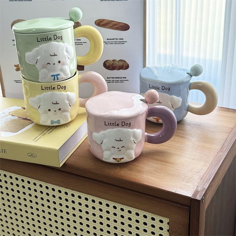 Puppy Mug With Lid Spoon Cute Couple Water Cup Girls Household Creative Ceramic Cup Souvenir Gift Box