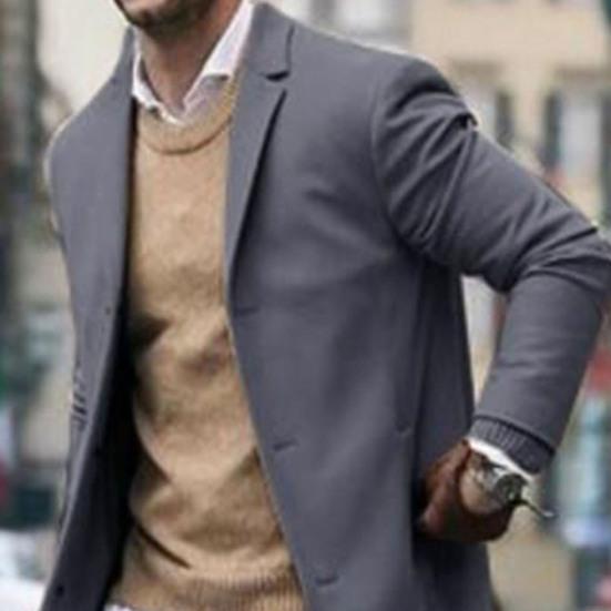 Męska kurtka wiatrówka z klapami, długi rękaw, jednorzędowa, ciepła, z kieszeniami, jednokolorowa, średniej długości kurtka-płaszcz